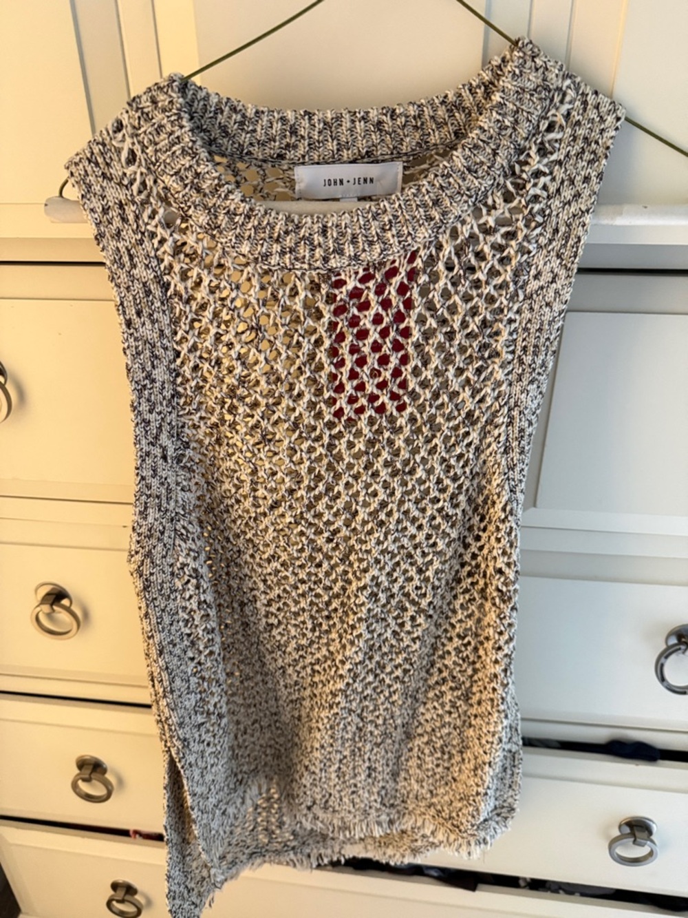 John + Jenn Open-Knit Sleeveless Sweater in Cream and Gray